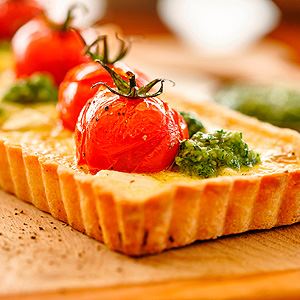 Tomato, Onion and Goats' Cheese Tart with Macadamia Pesto and Crust