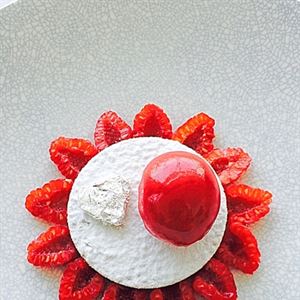 Upside Down Vanilla Custard Tart with Raspberries, Clotted Cream and Raspberry Sorbet - Chef Recipe by Grant Parry