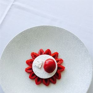 Upside Down Vanilla Custard Tart with Raspberries, Clotted Cream and Raspberry Sorbet - Chef Recipe by Grant Parry