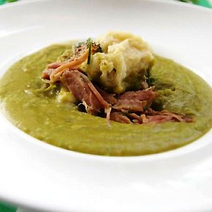 Green Pea Soup with Smoked Ham and Creme Fraiche Dumplings