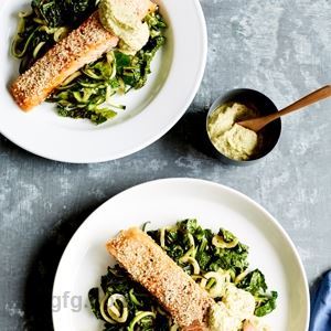 Baked Salmon with Zucchini, Kale and Avocado Cashew Cream - by Sam Wood