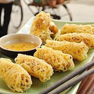 Lacy Spring Rolls with Crab, Prawn and Taro - by Tracey Lister & Andreas Pohl