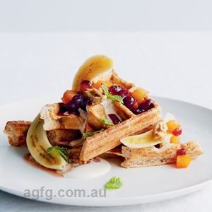 Banana Wholemeal Waffles with Dried Apricot and Cranberry Sauce - Chef Recipe by Kim Brennan
