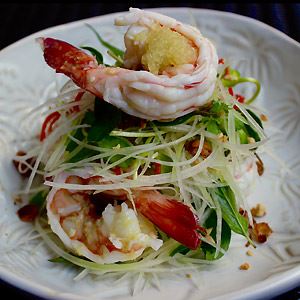 Cold Christmas Prawns, Green Mango, Red Chilli, Vietnamese Mint and Thai Basil with Ginger and Finger Lime Dressing - Chef Recipe by Gavin Hughes