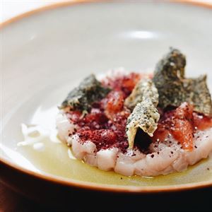 Kingfish Crudo, Yellow Peach, Davidson Plum and Torched Tomato - Chef Recipe by Jayden Barker