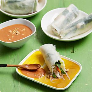 Chicken and Noodle Rice Paper Rolls with Hoisin-Peanut Sauce