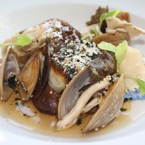 Sake Glazed Barramundi, Charred Kelp and Oyster Shell Broth, Crustaceans, Mushrooms and Furikake - Chef Recipe by Michael Lee