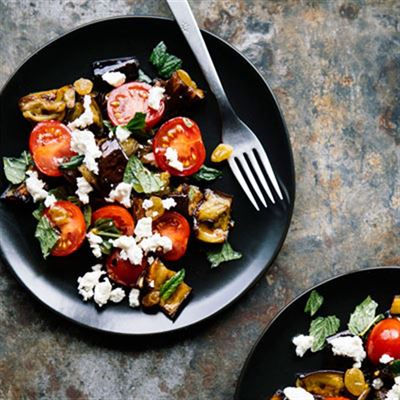 Crispy Eggplant with Fresh Mozzarella, Tomatoes, Pickled Raisins and Mint