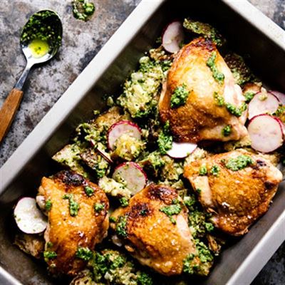 Ramp Pesto with Seared Chicken, Radish and Bread Salad