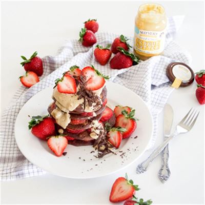Chocolate Pancakes with Caramel and Peanut Butter Sauce
