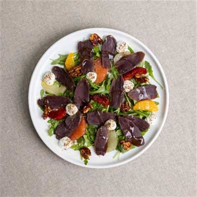 Sugar Cured Wallaby, Candied Walnuts, Tongola Curdy and Wild Rocket - Chef Recipe by Kurstin Berriman.