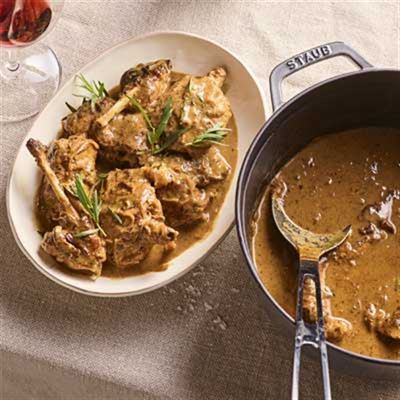 Braised Rabbit Pot Roast with Dijon Mustard, Tarragon and Shallots