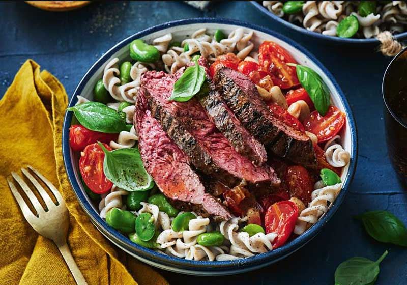 Char-grilled Kangaroo with Tomato and Broad Bean Pasta