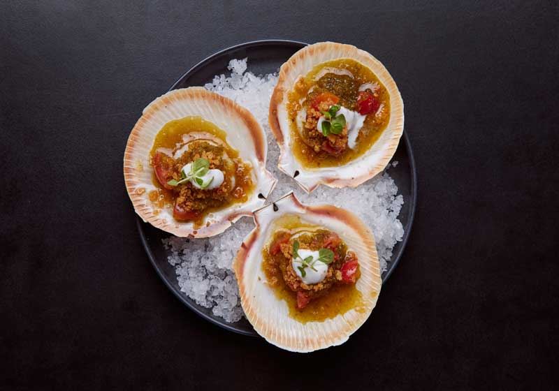 Half-shell Scallops, Cherry Tomato, Nam Jim and Cassava Crumbs - Chef Recipe by Don Park