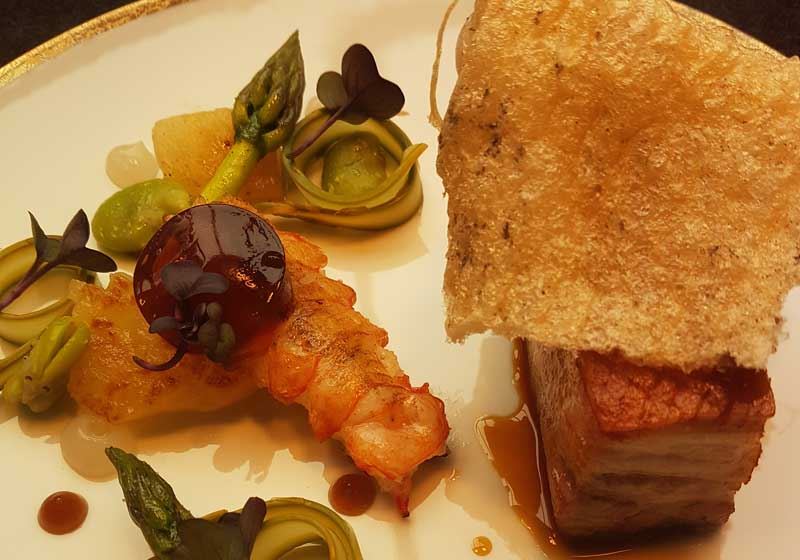 Pork Belly, Langoustine Consomme, Pear, Lychee and Asparagus - Chef Recipe by Dan Marsalek
