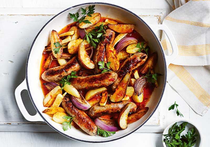 Braised Sausages, Pear and Potato