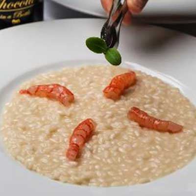 Risotto with Sicilian Raw Red Prawns, Blueberries and Dark Chocolate Flakes