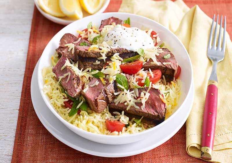 Garam Masala Beef with Saffron, Mint and Tomato Rice