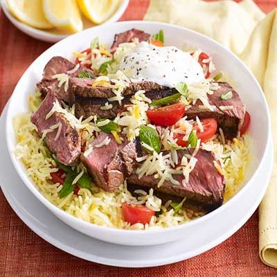 Garam Masala Beef with Saffron, Mint and Tomato Rice