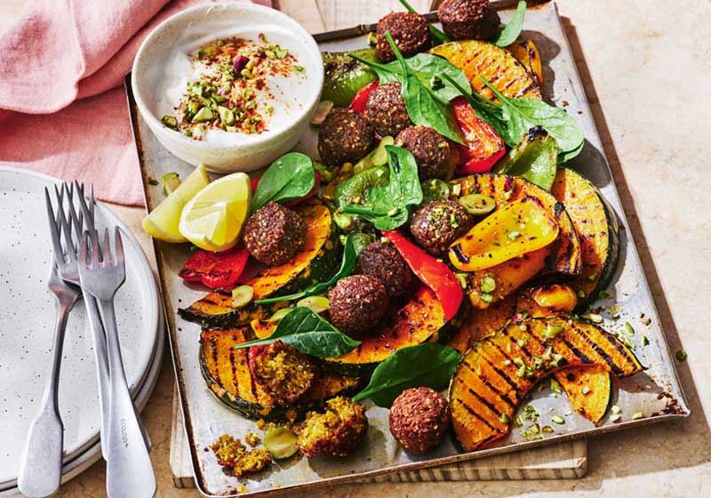 Vegan Pumpkin and Falafel Salad with Harissa Dressing