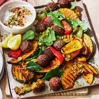 Vegan Pumpkin and Falafel Salad with Harissa Dressing