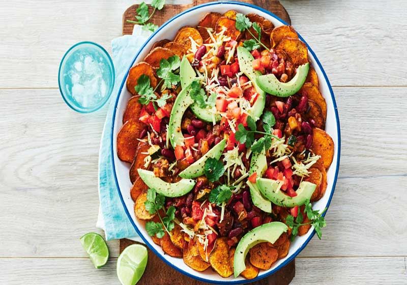 Vegan Sweet Potato Nachos, Beans and Avocado