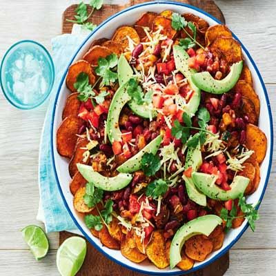 Vegan Sweet Potato Nachos, Beans and Avocado