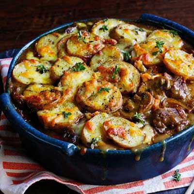 French Onion Beef Casserole with Garlic Butter Potatoes