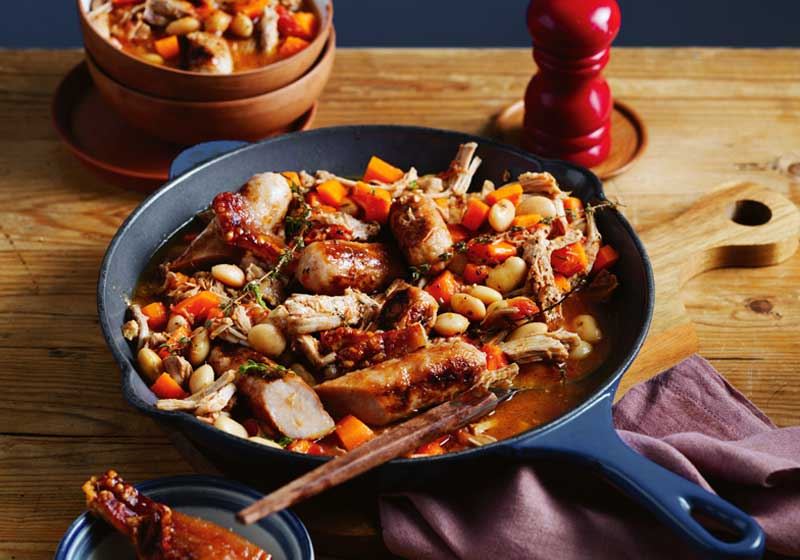 Pork and Sausage Cassoulet with Crackling