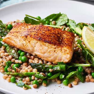 Salmon with Pearl Couscous and Lemon Vinaigrette - Recipe by Christian Petracca