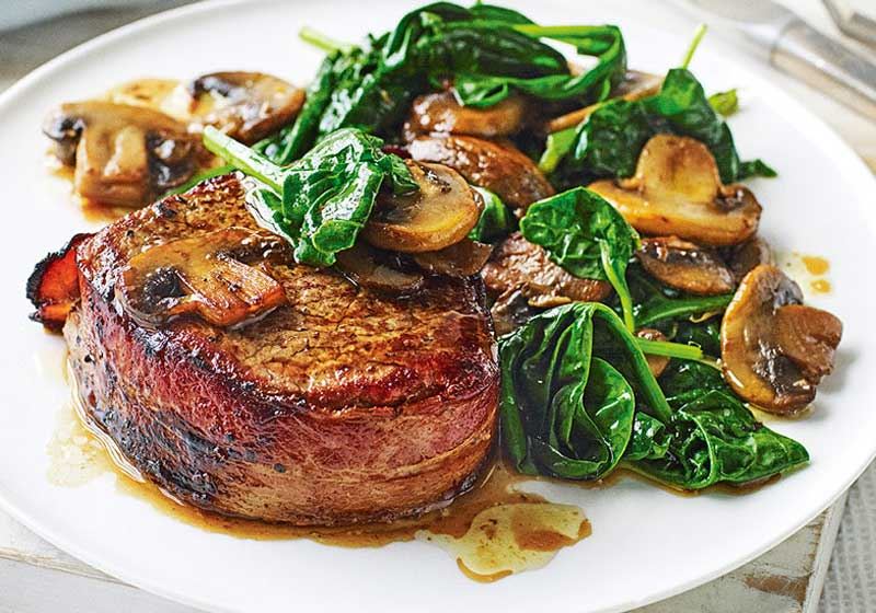 Bacon-wrapped Beef with Garlic Mushrooms