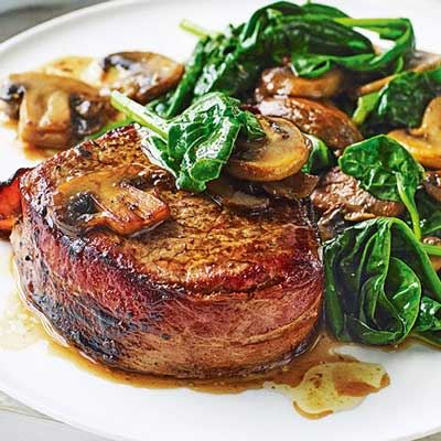 Bacon-wrapped Beef with Garlic Mushrooms