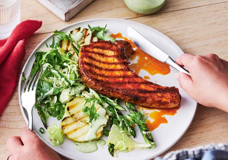 BBQ Pork Chops with Apple and Asparagus Salad