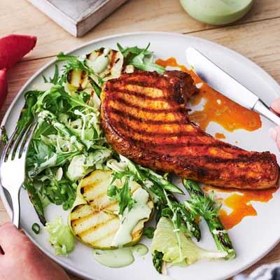 BBQ Pork Chops with Apple and Asparagus Salad