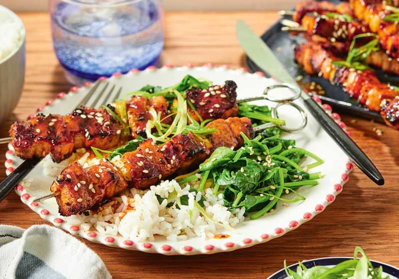 Easy Pork Belly Yakitori with Sesame Spinach