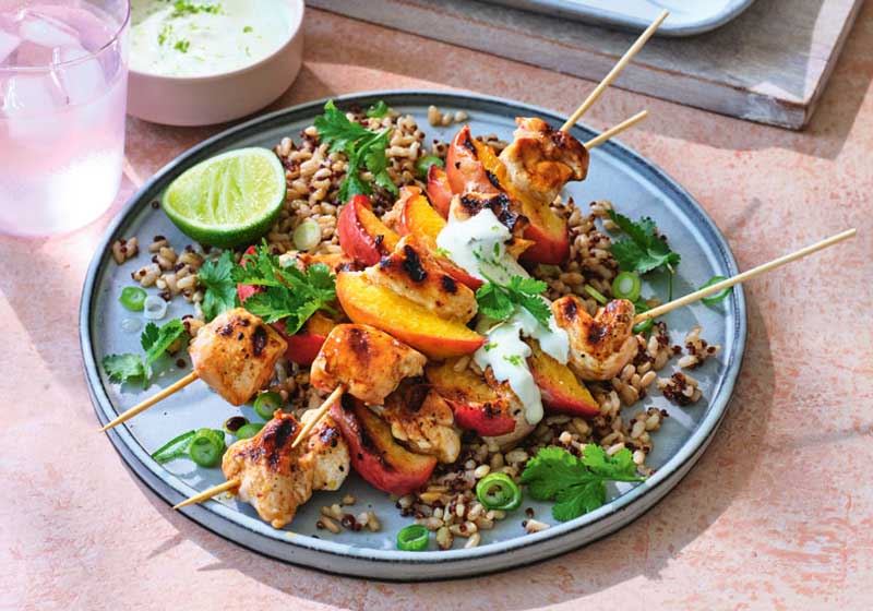 BBQ Chicken and Peach Skewers with Lime Crema