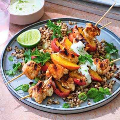 BBQ Chicken and Peach Skewers with Lime Crema
