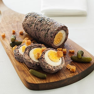 Egg Rolo with Garlic Croutons and Cornichons