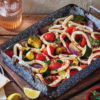 Mediterranean Calamari and Cherry Tomato Tray Bake