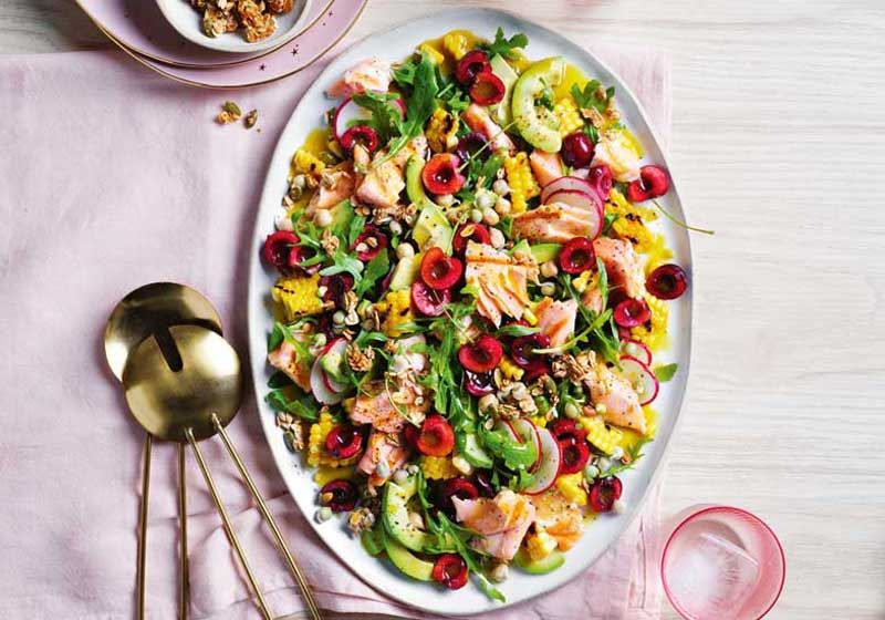 Cherry, Avocado and Corn Salad with Salmon