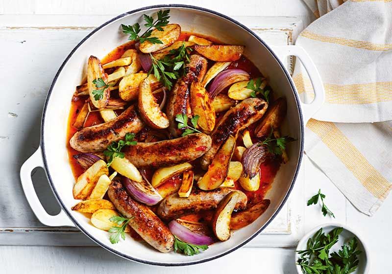 Braised Sausages with Pear and Potatoes