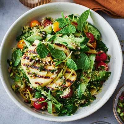 Halloumi Couscous Salad with Harissa and Mint Dressing
